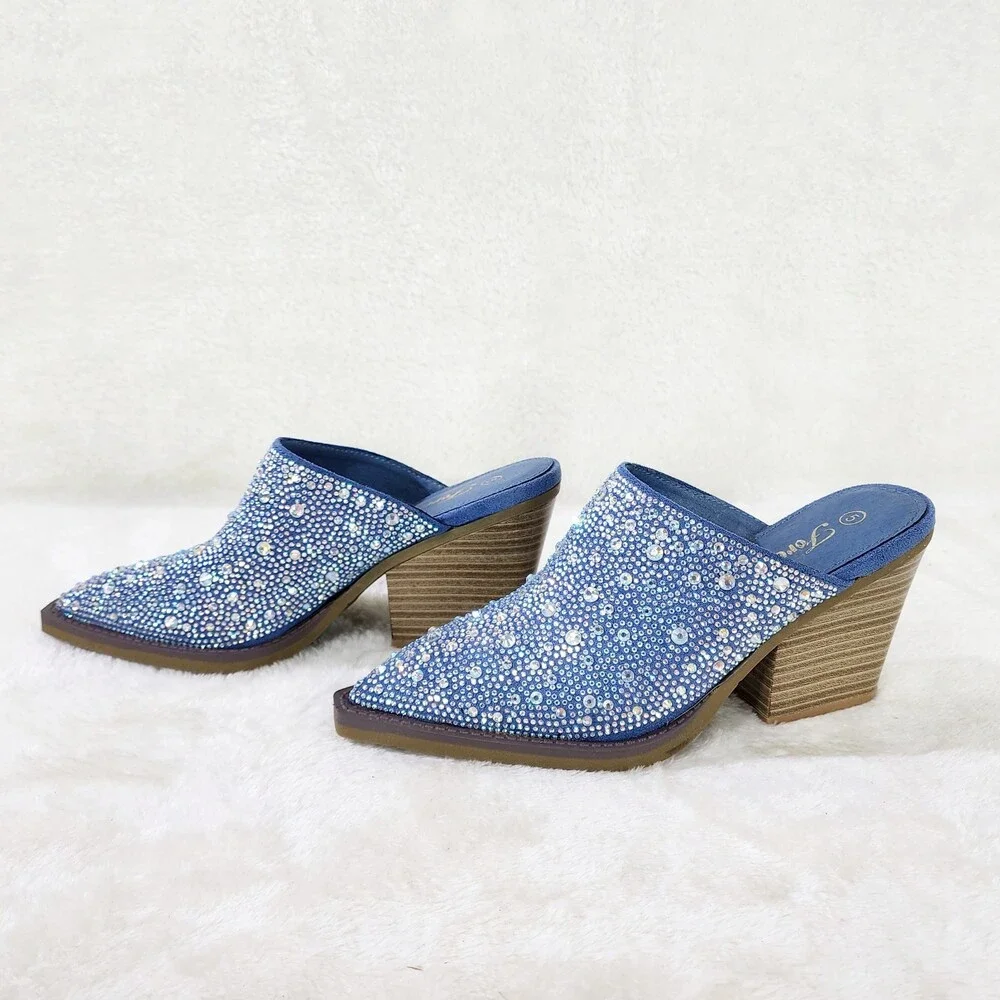 NIB Vibes Western Cowgirl Denim Slip On Shoes Mules / Clogs Iridescent Rhinesto - Picture 3 of 9